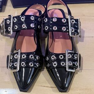 SHEIN Black Patent Leather Flats with Silver Buckles